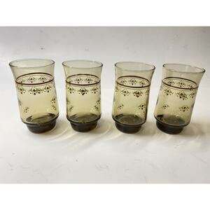 4 Replacement- Vintage Libbey Brown Juice Glass W/ Red And Green Florals: 6 Oz